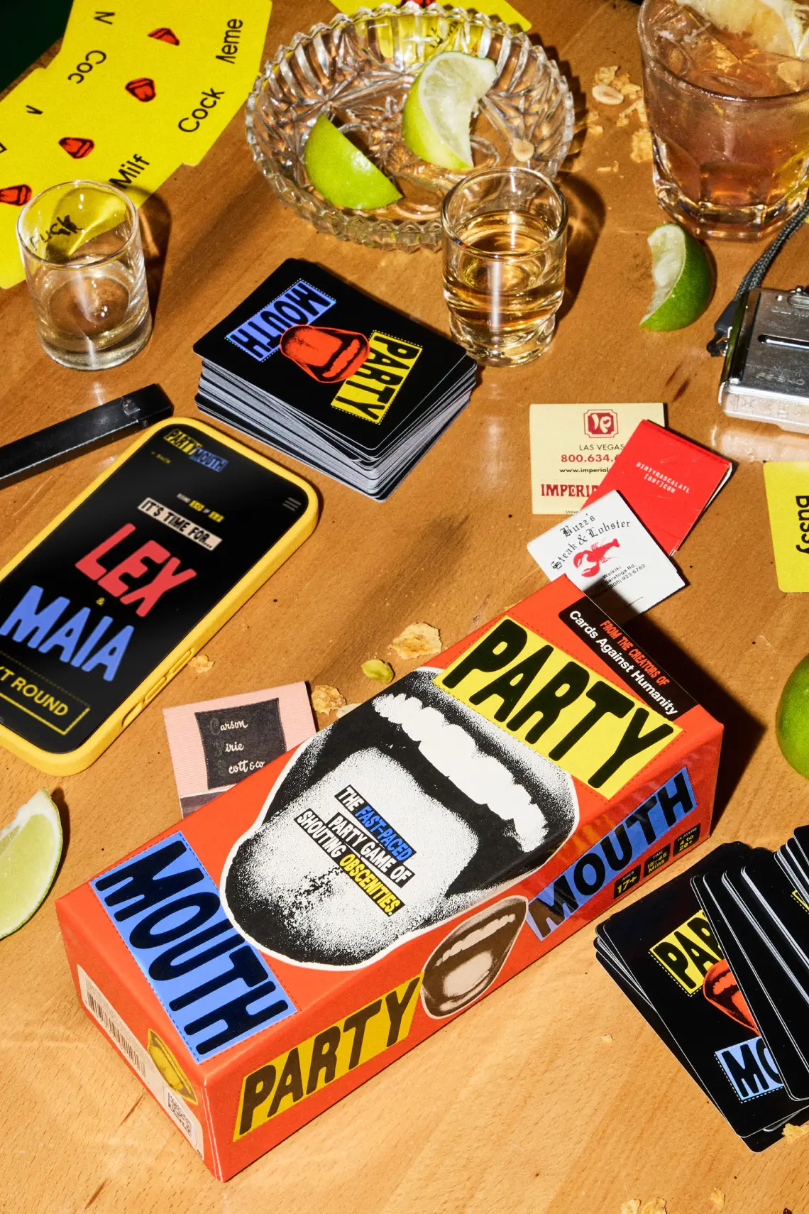 closeup shot of table with Party Mouth game