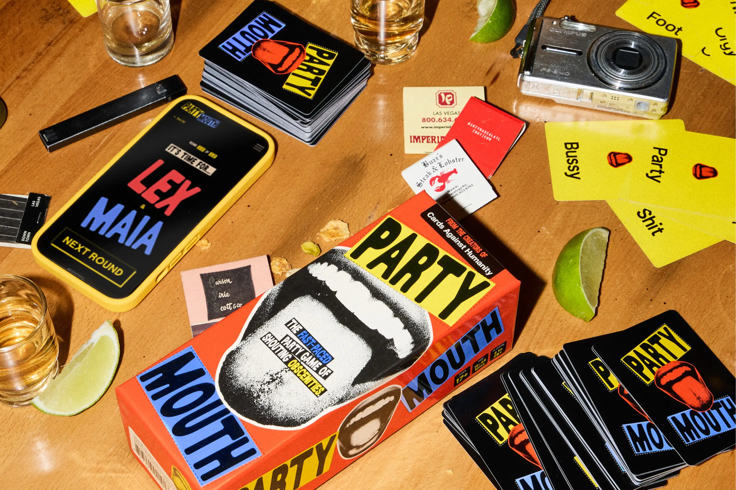 closeup shot of table with Party Mouth game
